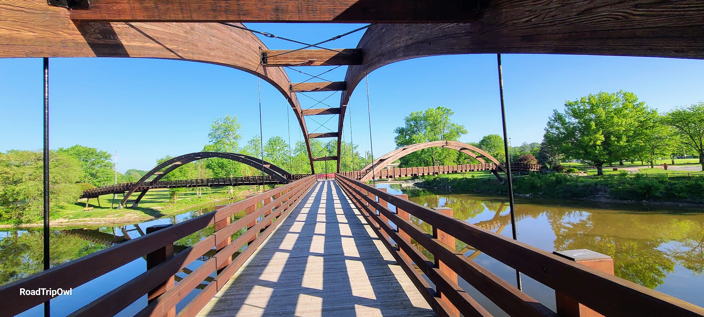 The Tridge (Midland) - A three-way wooden footbridge located where the Chippewa and Tittabawassee Rivers meet in Chippewassee Park, Midland, Michigan.