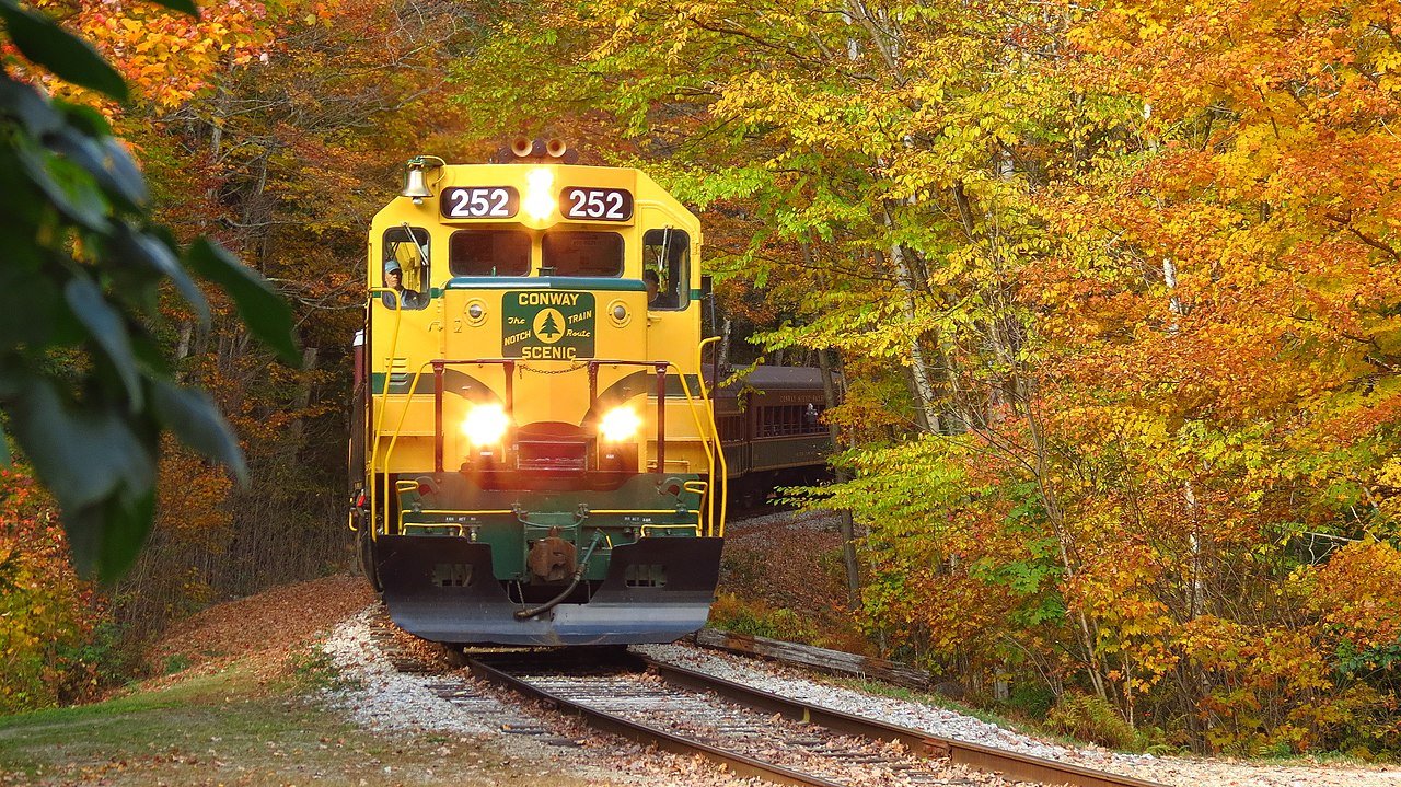 train on tracks in fall colored trees