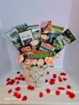 bouquet of travel brochures