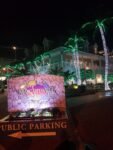 Margaritaville Resort Key West with palm trees wrapped in Christmas lights at night during Florida vacation