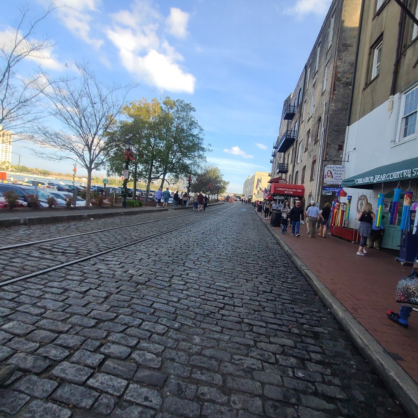 Savannah Georgia stone streets with people shopping on the street