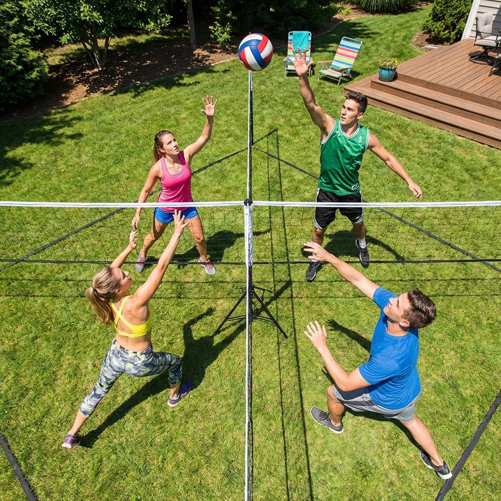 Four people playing 4-square volleyball game in backyard, overhead view showing square net divided into four quadrants with one player in each section