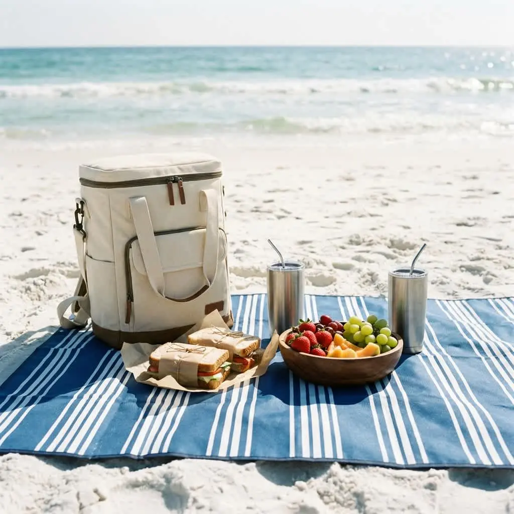Beach picnic setup with backpack cooler, sandwiches, fresh fruit, and insulated tumblers on a blue striped blanket