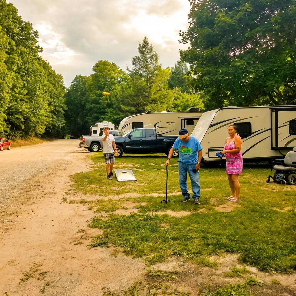 RV campers playing cornhole at campground, person with mobility assistance playing showing yard games are accessible for everyone