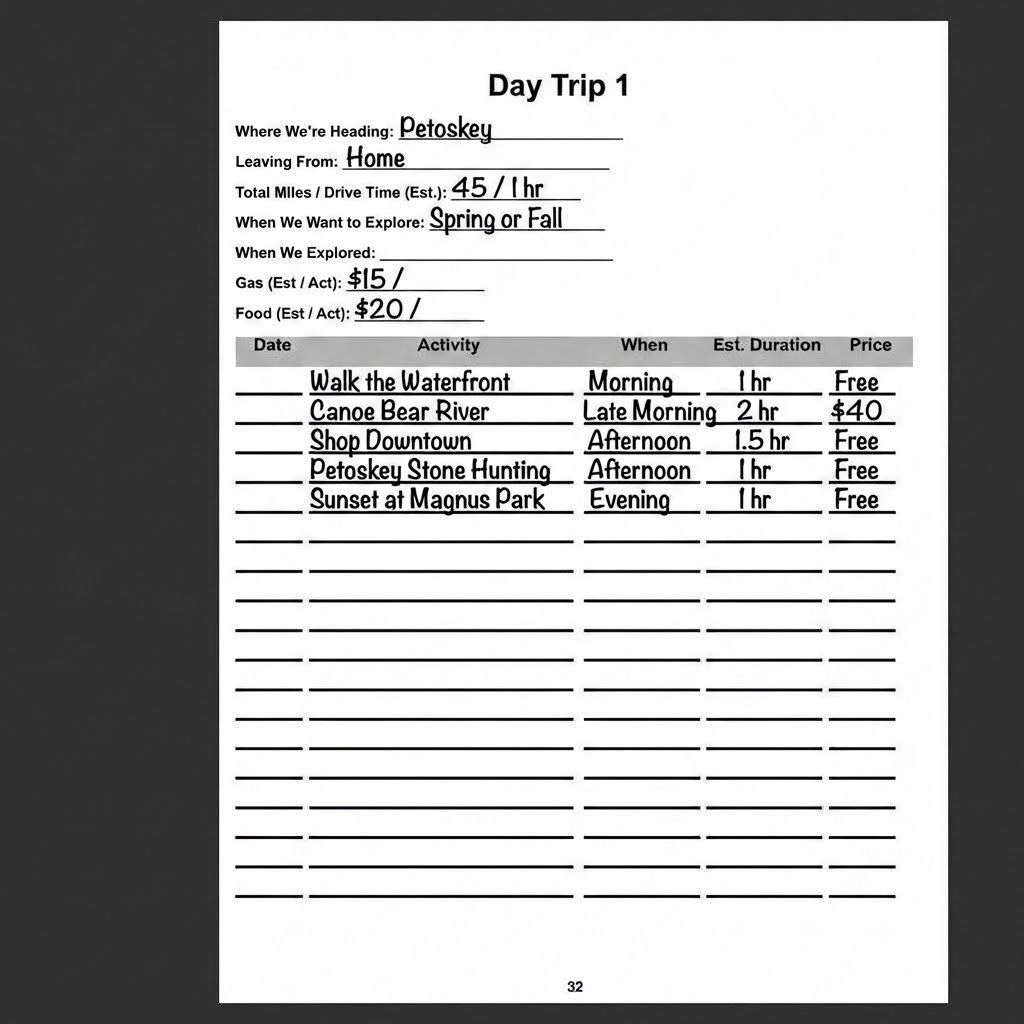 Day trip planner page filled in for Petoskey Michigan showing activities, times, and costs totaling $75