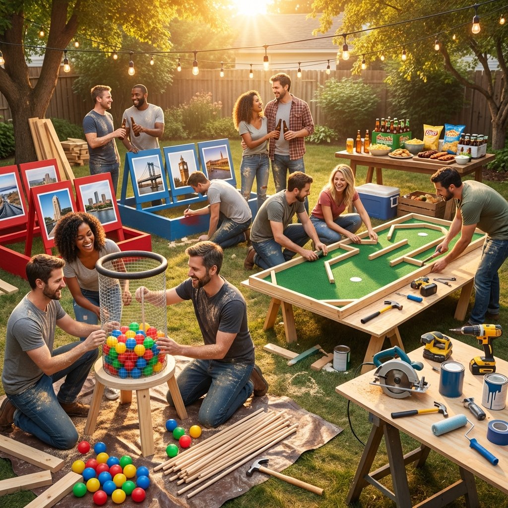 Friends building DIY yard games together in backyard including Ker-Plunk, mini golf, and Guess Where boards with tools and snacks