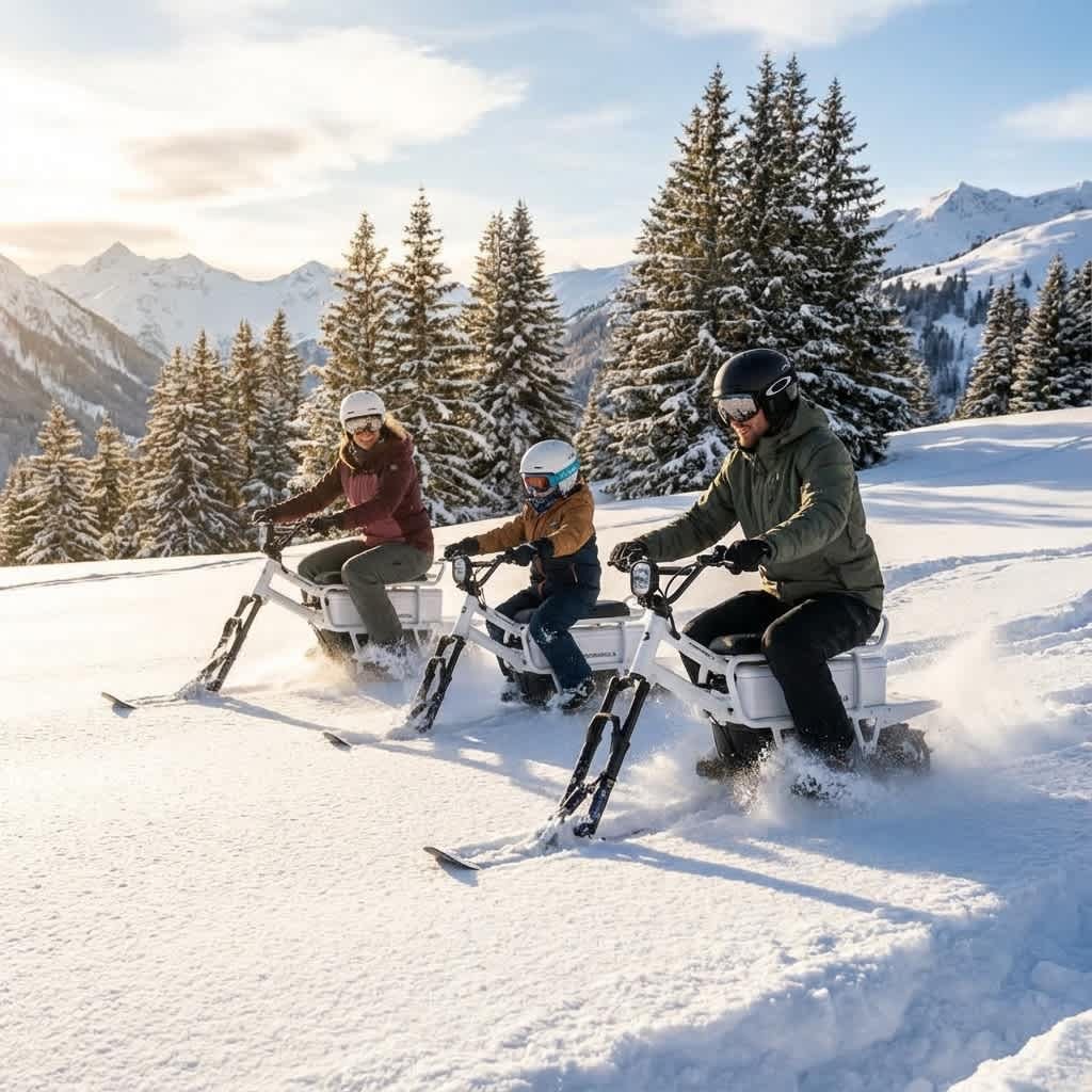 Family riding Moonbikes through fresh powder snow with snow-covered pine trees and mountains in the background