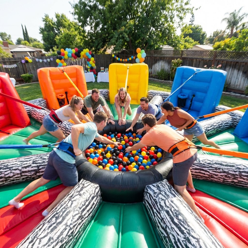 Adults playing Hippo Chow Down giant inflatable bungee game in backyard, reaching for center ball pit with colorful stations at outdoor party