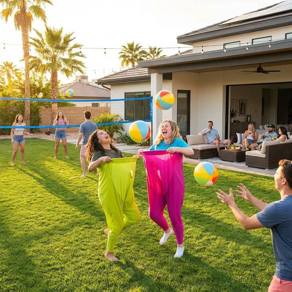 Friends playing Granny Pants yard game at vacation rental with beach balls while others play volleyball in background, relaxed afternoon gathering