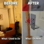 Before and after comparison showing furniture barricade versus portable door lock for hotel room security