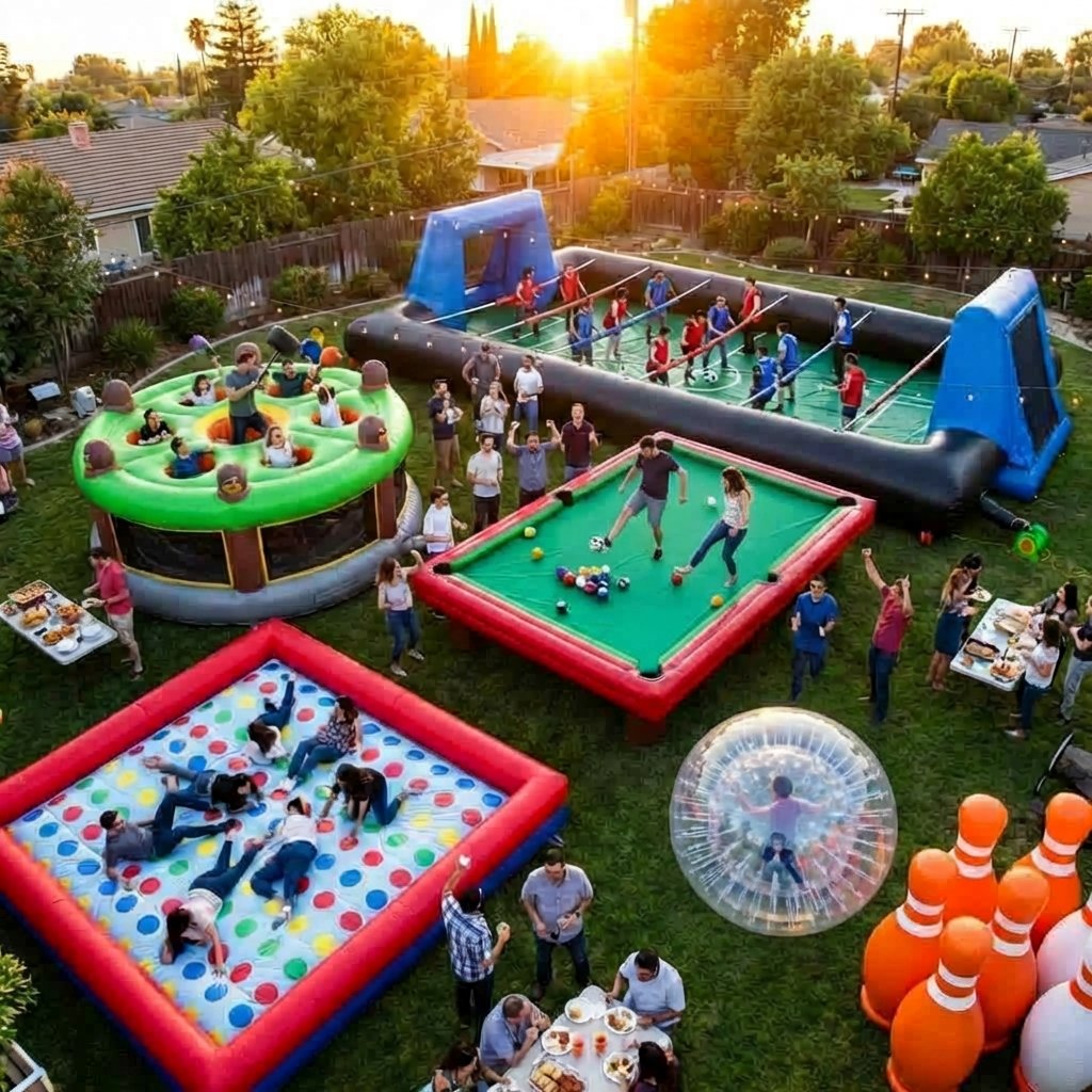 Aerial view of backyard party with multiple giant inflatable games including human foosball, wack-a-mole, human billiards, and giant twister at sunset