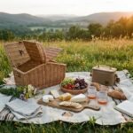 Picnic setup with wicker basket, cheese board, fresh fruit, baguette, and wine on a blanket with scenic mountain view