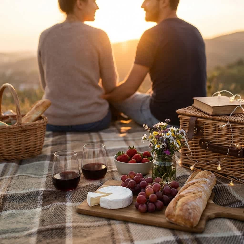 Couple enjoying a romantic picnic at sunset with wine, cheese board, and wildflowers