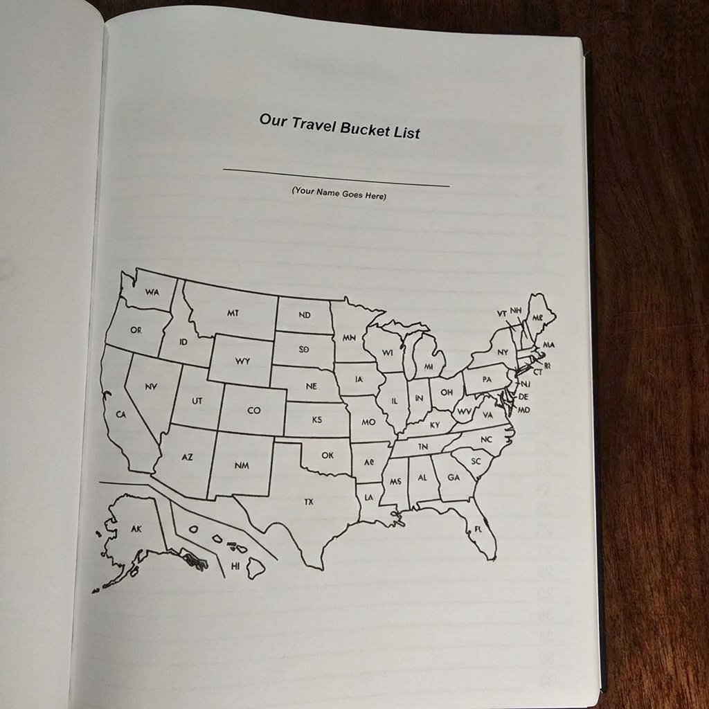 US map coloring page inside travel bucket list journal for tracking states visited