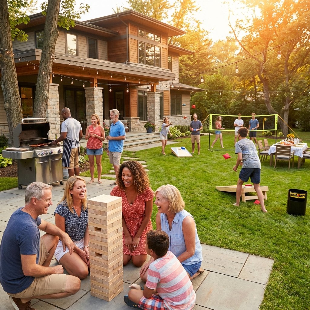 Vacation rental property backyard with family playing multiple yard games including giant Jenga and volleyball while dinner is grilled, showing how games entertain guests