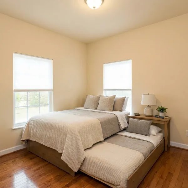 Same 12x12 vacation rental bedroom redesigned with queen bed and trundle - welcoming and spacious for adult guests