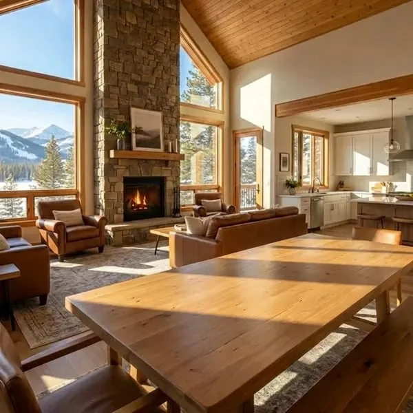 Vacation rental open-concept living space with empty dining table - before adding welcoming table setting and guest touches