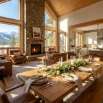 Beautifully set vacation rental dining table with place settings, candles, and greenery in a bright open-concept living space with fireplace and mountain views - example of welcoming guest experience for Airbnb hosts