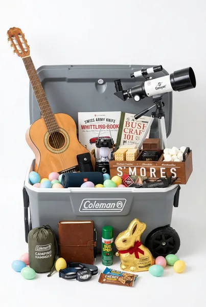 Adult camping Easter basket featuring a Coleman cooler filled with a beginner guitar, telescope, s'mores caddy, whittling book, Bushcraft 101 survival guide, solar camping lantern, engraved multi-tool, Bluetooth speaker, camping hammock, headlamp, bug spray, journal, energy bars, chocolate Easter bunny, and pastel Easter eggs
