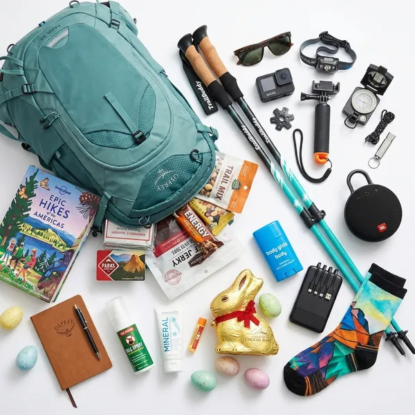 Adult hiking Easter basket featuring a teal Osprey daypack with trekking poles, GoPro camera, Epic Hikes book, mountain-print hiking socks, military compass, Body Glide anti-chafe balm, portable charger, waterproof Bluetooth speaker, sunglasses, headlamp, trail mix, energy bars, sunscreen, National Parks pass, journal, chocolate Easter bunny, and pastel Easter eggs