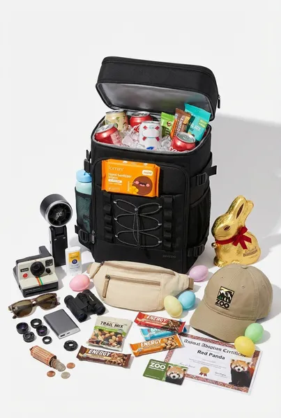 Adult zoo Easter basket featuring a black insulated cooler backpack filled with hand sanitizer wipes, handheld fan, polarized sunglasses, binoculars, phone camera lens kit, portable charger, Polaroid camera, sunscreen stick, fanny pack, baseball cap, quarters and pennies, trail mix, energy bars, zoo membership card, animal adoption certificate, chocolate Easter bunny, and pastel Easter eggs