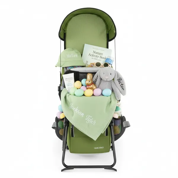 Baby hiking Easter basket made from a hiking baby carrier backpack filled with a personalized blanket, nature activity book, baby sunhat, sunglasses, sunscreen, personalized stuffed bunny, chocolate Easter bunny, and pastel Easter eggs