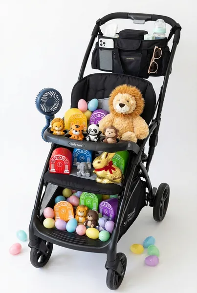Baby zoo Easter basket featuring a Baby Trend Sit N' Stand stroller with clip-on stroller fan, Momcozy stroller organizer, colorful zoo animal counting toy set, plush lion stuffed animal, gold foil chocolate Easter bunny, and pastel Easter eggs