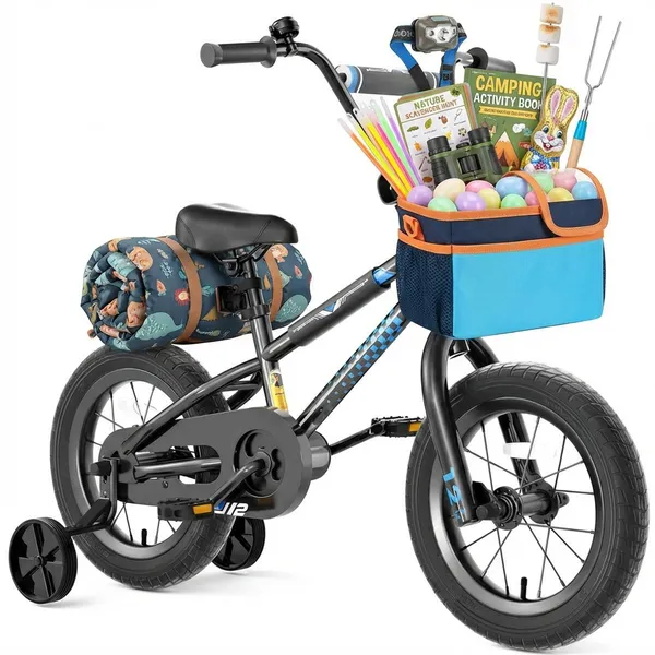 Kids camping Easter basket made from a bike with handlebar basket filled with binoculars, camping activity book, nature scavenger hunt, headlamp, glow sticks, chocolate Easter bunny, and pastel Easter eggs with a sleeping bag on the seat