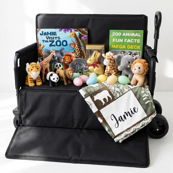 Kids zoo and aquarium Easter basket made from a collapsible wagon with the side folded down, filled with a personalized Visits The Zoo storybook, animal fun fact cards, realistic zoo animal figurines, plush zoo animals, a personalized Jamie blanket, gold foil chocolate Easter bunny, and pastel Easter eggs