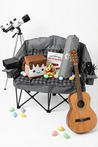 Teen camping Easter basket featuring a gray plaid double camping loveseat chair filled with a s'mores cooler bag, Night Cat pop-up tent, portable projector, Fender beginner guitar, Swiss Army Knife Whittling Book, Gskyer telescope, engraved multi-tool, gold foil chocolate Easter bunny, and pastel Easter eggs