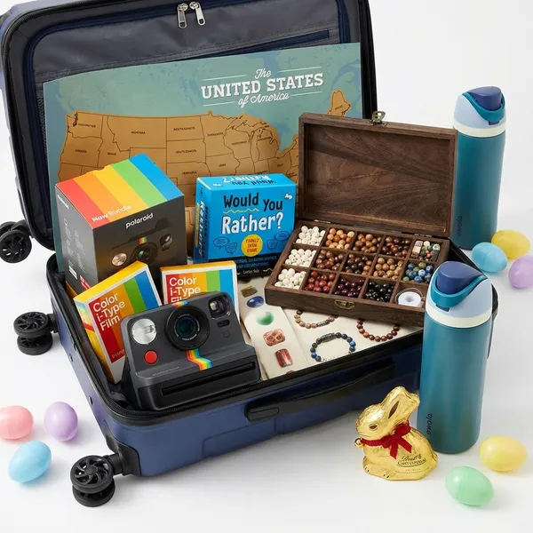 Teen road trip Easter basket made from a navy blue hardshell suitcase filled with a Polaroid Now instant camera bundle, scratch-off United States map, Would You Rather card game, wooden bead bracelet making kit, Owala water bottle, gold foil chocolate Easter bunny, and pastel Easter eggs