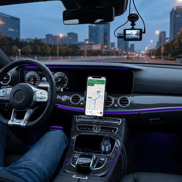 Car interior showing a phone mount with GPS navigation a dash cam on the windshield and a car charger plugged in