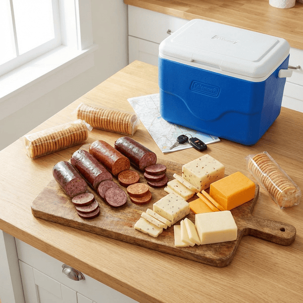 Farmers Market summer sausage and cheese varieties with Ritz Fresh Stacks crackers arranged as a road trip charcuterie spread on a kitchen table