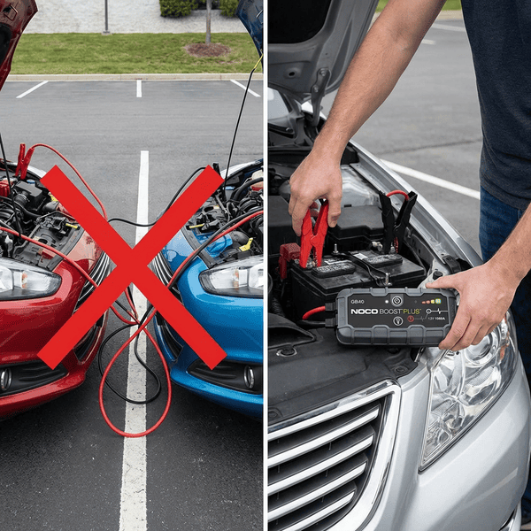 Side by side comparison of using jumper cables with two cars versus using a portable jump box alone