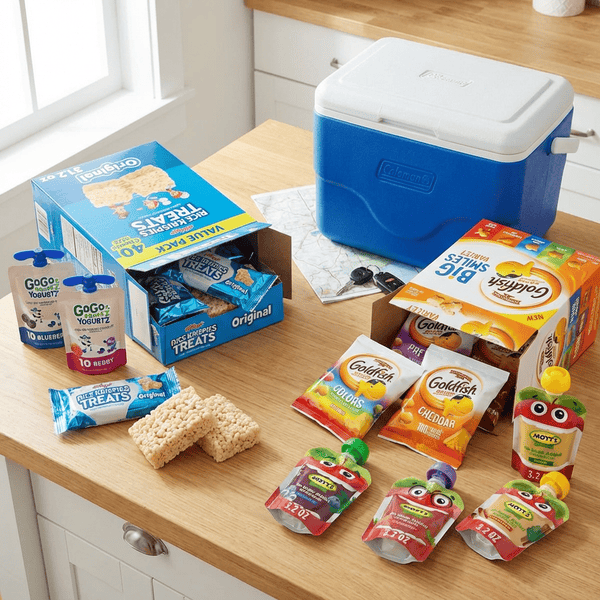 Kids road trip snacks including Motts applesauce pouches, GoGo Squeez yogurt pouches, Rice Krispies Treats, and Goldfish crackers arranged on a kitchen table next to a blue Coleman cooler
