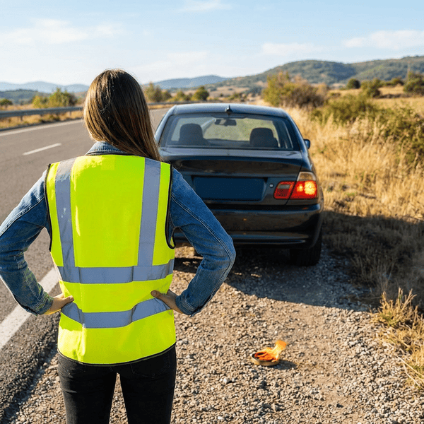 Young person wearing a yellow safety vest standing next to a car pulled over on the side of a road during the day with a road flare on the ground nearby