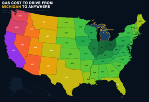 map of the usa of how much gas costs traveling from michigan to each of the 49 states not counting hawaii