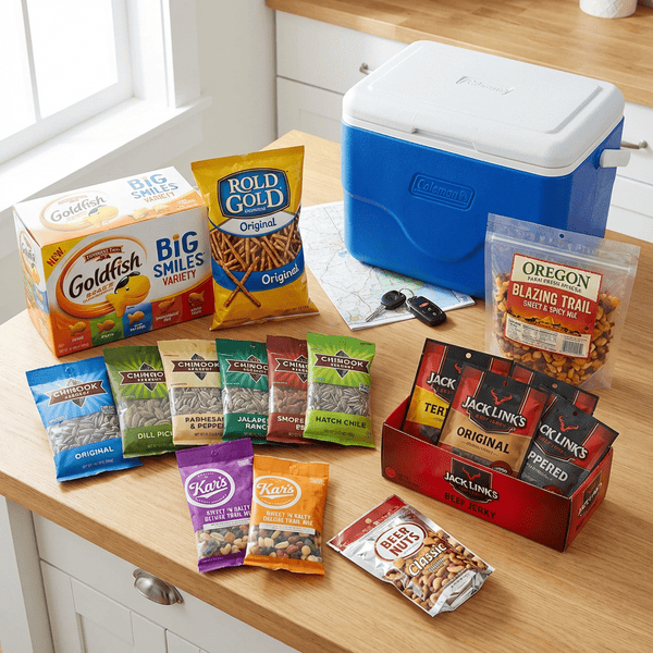 Salty road trip snacks including Goldfish, pretzels, jerky, trail mix, beer nuts, and sunflower seeds arranged on a kitchen table next to a blue Coleman cooler