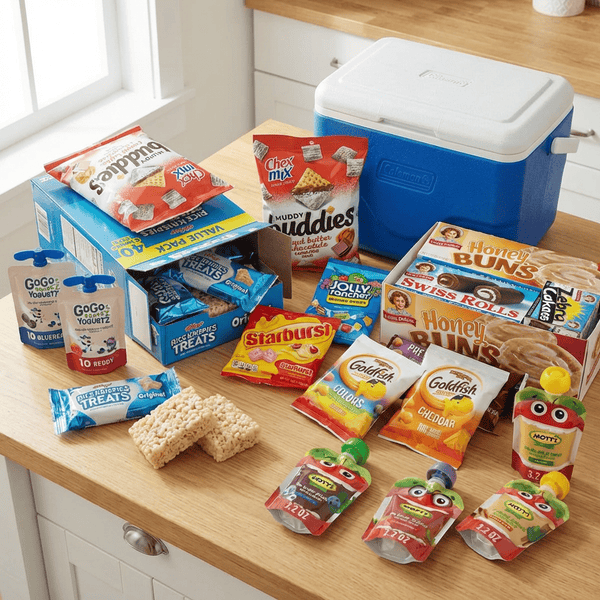 Sweet road trip snacks including Chex Mix Muddy Buddies, Rice Krispies Treats, Little Debbie snack cakes, Starbursts, and Jolly Ranchers arranged on a kitchen table next to a blue Coleman cooler