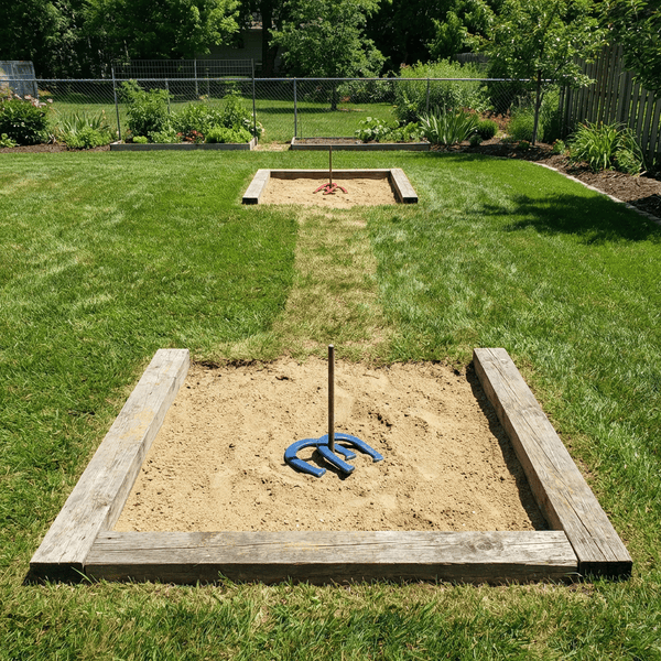 DIY horseshoe pit with two sand filled pits and metal stakes set up in a backyard lawn