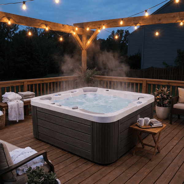 Above ground hot tub set up on a backyard deck at a vacation rental property at dusk
