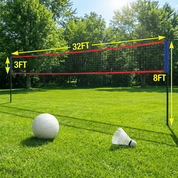 Badminton and volleyball combo net set up on a sunny backyard lawn ready to play