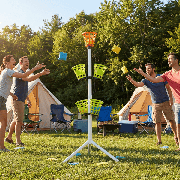 Bean Bag Bucketz game with colorful elevated baskets at different heights set up at a campsite