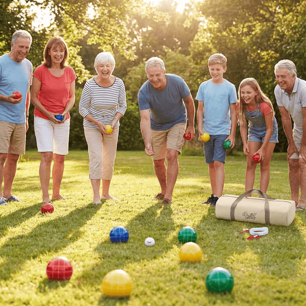 Colorful bocce ball set with red blue green and yellow balls being played on a sunny lawn