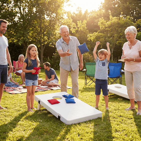 Cornhole game being played in a sunny backyard with grandparents kids and adults all joining in