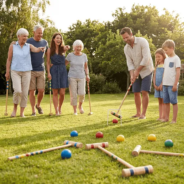 Colorful wooden croquet set being played on a sunny backyard lawn by a multigenerational group