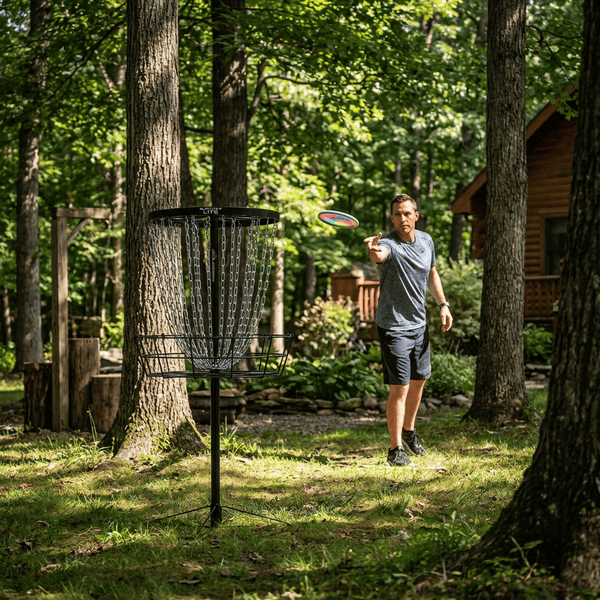 Disc golf basket target set up in a wooded backyard lawn at a vacation rental property