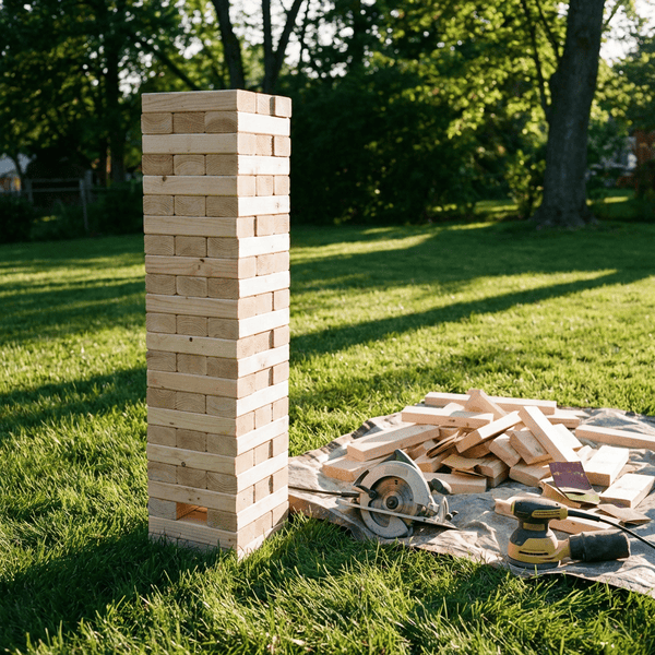 Homemade DIY giant Jenga tower built from 2x4 wood blocks stacked tall in a backyard