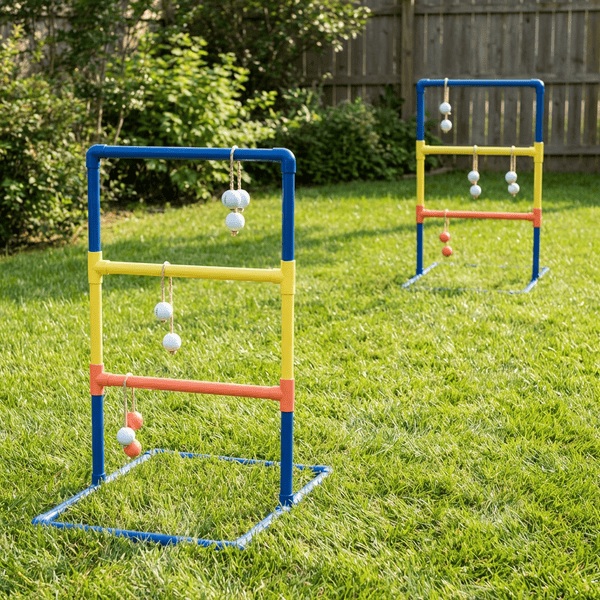 Homemade DIY ladder ball set made from PVC pipe with bolas on a sunny backyard lawn