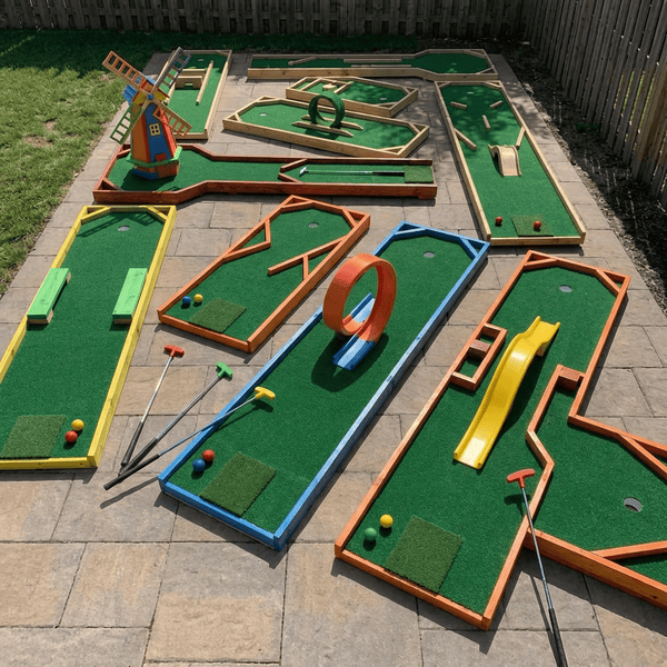 DIY backyard mini golf course with multiple creative holes windmill and ramps on a sunny lawn